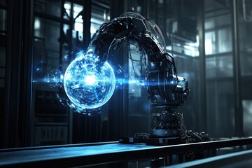 Poster - Advanced robotic arm creates energy sphere in high-tech laboratory setting