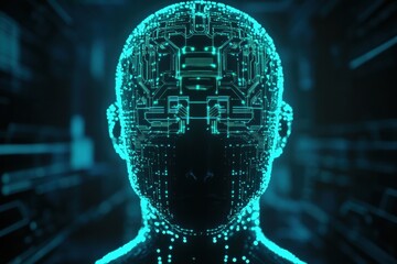 Poster - Futuristic silhouette of a human head with glowing circuit board pattern showcasing advanced artificial intelligence design. Generative AI