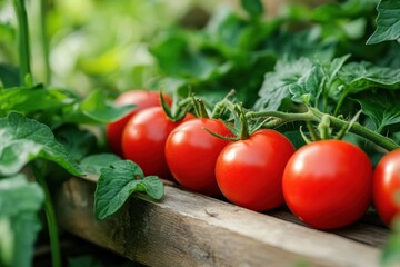Aufkleber - Fresh red tomatoes growing in a lush garden during late summer by a wooden planter box. Generative AI