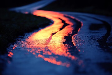 Poster - Beautiful reflection of light on a winding wet road at dusk