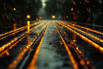 Poster - Rainy street illuminated by yellow lights during evening hours in a quiet urban setting with glistening puddles
