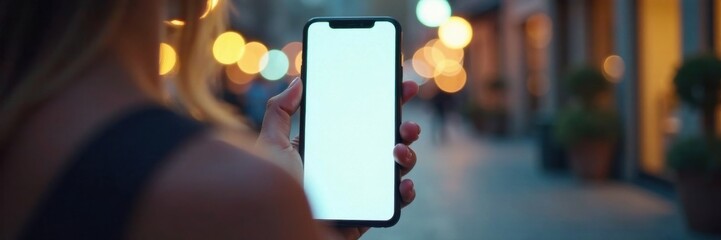 Wall Mural - Female hand holding smartphone with blank screen, close-up, female, phone