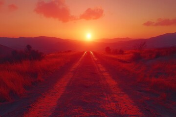 Wall Mural - Vibrant sunset illuminating a dusty road in a scenic landscape during twilight hours