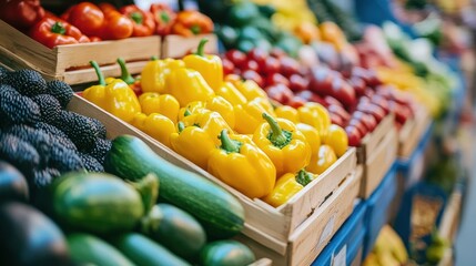 Aufkleber - Colorful assortment of fresh vegetables in a market with vibrant yellow peppers and red tomatoes. Generative AI