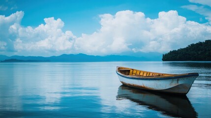 Fototapete - Lonely wooden boat floats on calm water under a bright blue sky with fluffy clouds in a serene natural setting. Generative AI