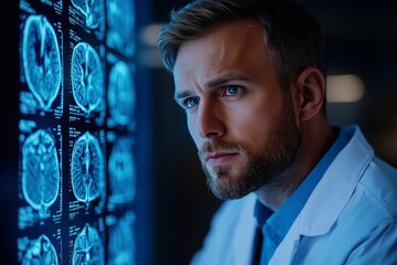 Poster - Doctor examining brain scans in medical facility during evening shift to diagnose neurological conditions