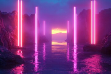 Wall Mural - Vibrant neon pillars reflect in tranquil water during sunset at an otherworldly landscape