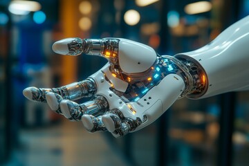 Poster - Robotic hand extending with illuminated features in a modern tech environment