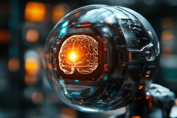 Poster - Innovative representation of a brain inside a futuristic glass sphere in a tech laboratory environment