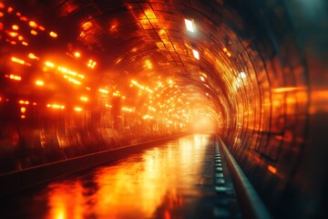 Poster - Vibrant underground tunnel illuminated by glowing orange lights creating a surreal atmosphere