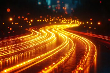 Poster - Bright winding lights illuminate a dark pathway at night creating a mesmerizing visual effect in the urban landscape