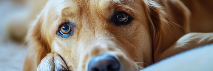 Aufkleber - Golden retriever resting on soft surface with soulful eyes in cozy indoor setting. Generative AI