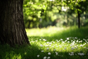 Poster - Sunlight filters through trees in a serene park filled with wildflowers during a calm summer afternoon. Generative AI