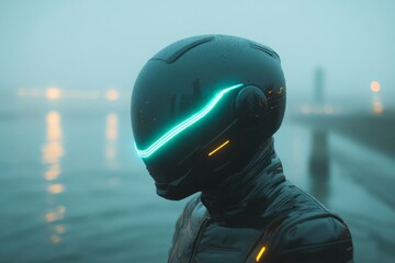 Poster - Futuristic figure in a glowing helmet stands by the water in a foggy urban environment at dusk