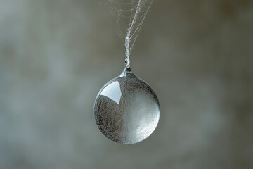 Aufkleber - A large, glistening water droplet hangs suspended from a spiderweb, reflecting light.