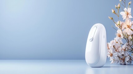 White wireless mouse spring blossoms blue background technology website banner