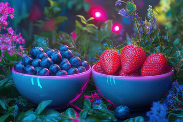 Poster - Blueberries and strawberries in vibrant blue bowls amidst lush greenery under soft lighting.
