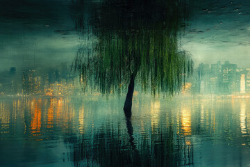 Aufkleber - A lone willow tree stands in a tranquil lake, reflecting a misty cityscape at dusk.