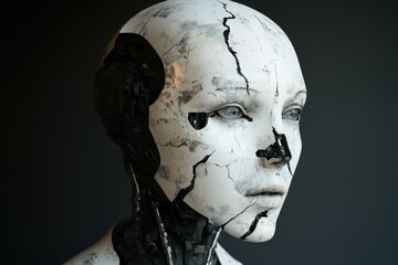 Poster - Robot head sculpture showcasing a cracked exterior and expressive features in a minimalist setting