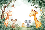 Cute cartoon safari zoo with animal frame border on background in watercolor style.