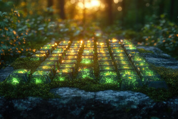 Poster - Glowing keyboard keys embedded in moss-covered rocks in a forest, illuminated by sunlight.