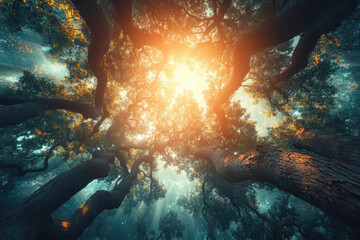 Aufkleber - Sunlight streams through ancient forest canopy, illuminating massive tree trunks from below.