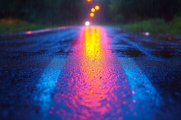 Poster - Reflections of color on a wet road illuminated by streetlights during a rainy night