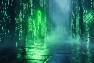 Poster - Mysterious alley illuminated by green light with mist creating an atmospheric digital environment
