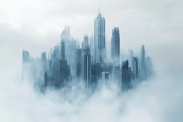 Wall Mural - Majestic city skyline emerging through misty clouds at dawn in a tranquil urban landscape