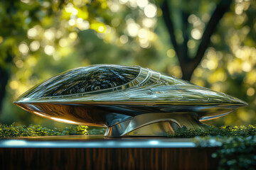 Poster - A futuristic, metallic spaceship model rests on a wooden surface, reflecting a lush green background.