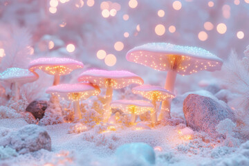 Aufkleber - Glowing, pastel mushrooms illuminate a whimsical, snowy landscape. Magical fairytale scene.