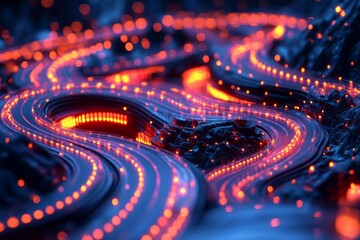 Poster - Illuminated winding pathway through rocky terrain at night showcasing vibrant red lights and intricate design
