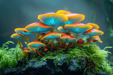 Poster - Vibrant cluster of bioluminescent mushrooms glowing in the dark, nestled amongst lush green moss.