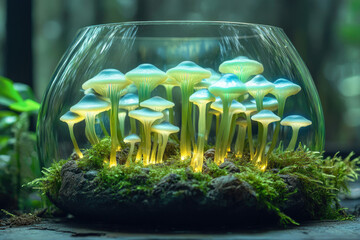 Aufkleber - Glowing mushrooms in a glass terrarium, creating a magical, enchanting scene.