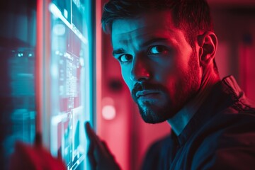 Poster - Man interacts with futuristic digital display in dark room during late evening hours