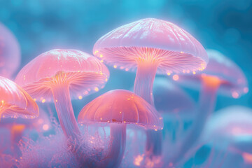 Aufkleber - glowing pink mushrooms in a magical, surreal forest setting.