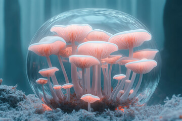 Aufkleber - Glowing pink mushrooms encapsulated in a glass sphere, ethereal and surreal.