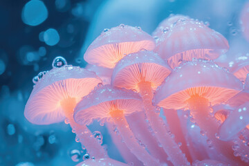 Aufkleber - Glowing, dewy mushrooms cluster together in a dreamy, ethereal scene.
