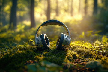 Poster - Over-ear headphones resting on moss in a sunlit forest, serene and peaceful.