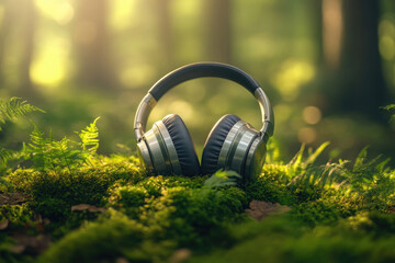 Poster - Over-ear headphones resting on lush green moss in a sunlit forest.