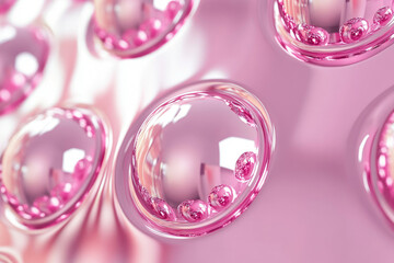 Aufkleber - Microscopic view of pink spheres filled with smaller pink particles, resembling cells or bubbles.