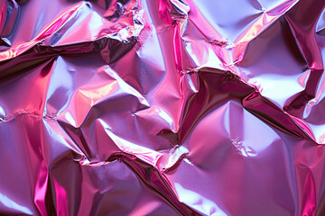 Poster - Abstract image of crumpled pink foil with iridescent highlights, showcasing texture and light reflections.