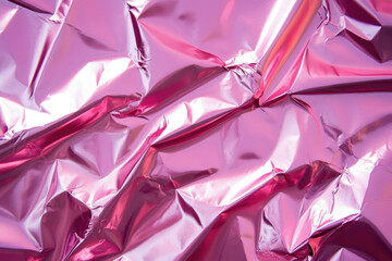 Poster - Crinkled pink metallic foil, shimmering texture, abstract background.