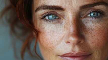 Poster - A middle-aged woman gazes softly, showcasing her stunning blue eyes and freckles. The gentle light highlights her features, creating an intimate and thoughtful mood in the setting