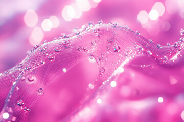 Poster - Pink, glistening web-like structure adorned with water droplets, creating a dreamy, ethereal effect.