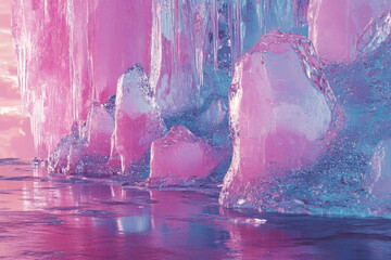 Wall Mural - Pink and blue ice formations reflecting in calm water, creating a surreal, dreamy landscape.