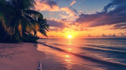 Aufkleber - Beautiful sunset over calm ocean waters with silhouettes of palm trees on a tranquil beach during golden hour. Generative AI