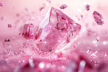 Poster - Pink crystal shattering into fragments, showcasing sparkling textures and vibrant colors.