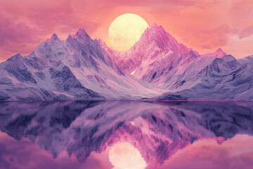 Poster - Serene pink sunrise over snow-capped mountains reflected in a still lake.