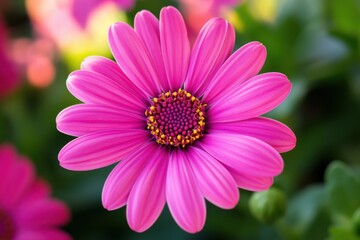 Poster - Bright pink flower in full bloom showcases vibrant petals and intricate center details in a lush garden setting. Generative AI